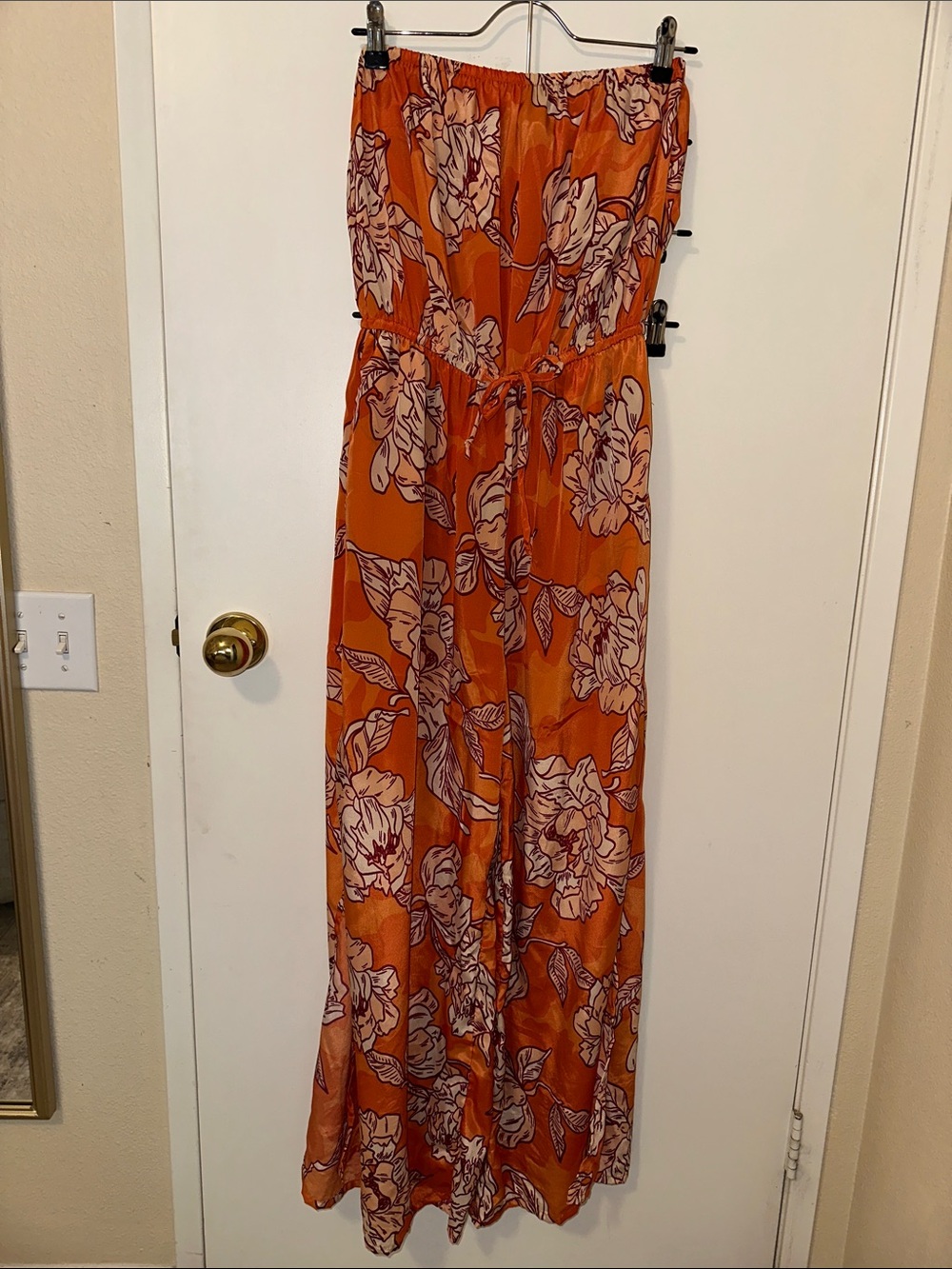 Strapless Orange Floral Wide-Leg Jumpsuit